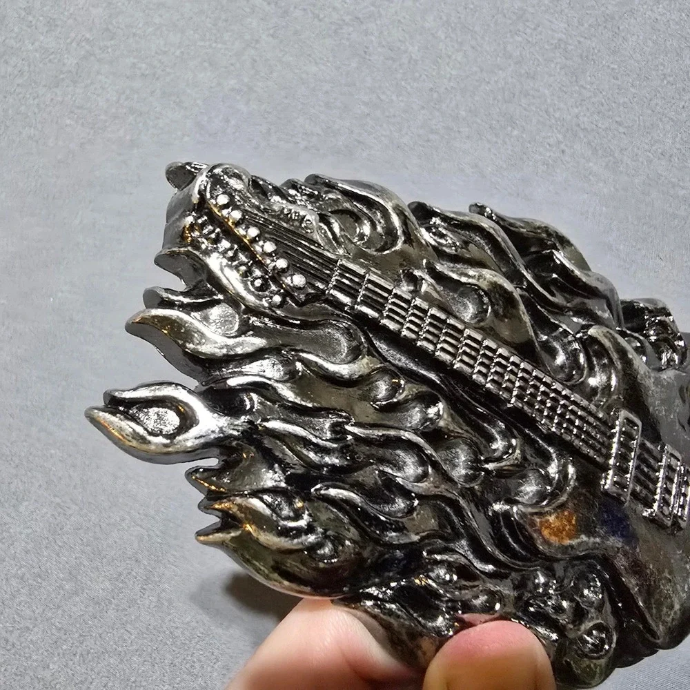 Guitar Skull Flame Belt Buckle Mens  Gunmetal Silver Rocker Biker Punk vintage